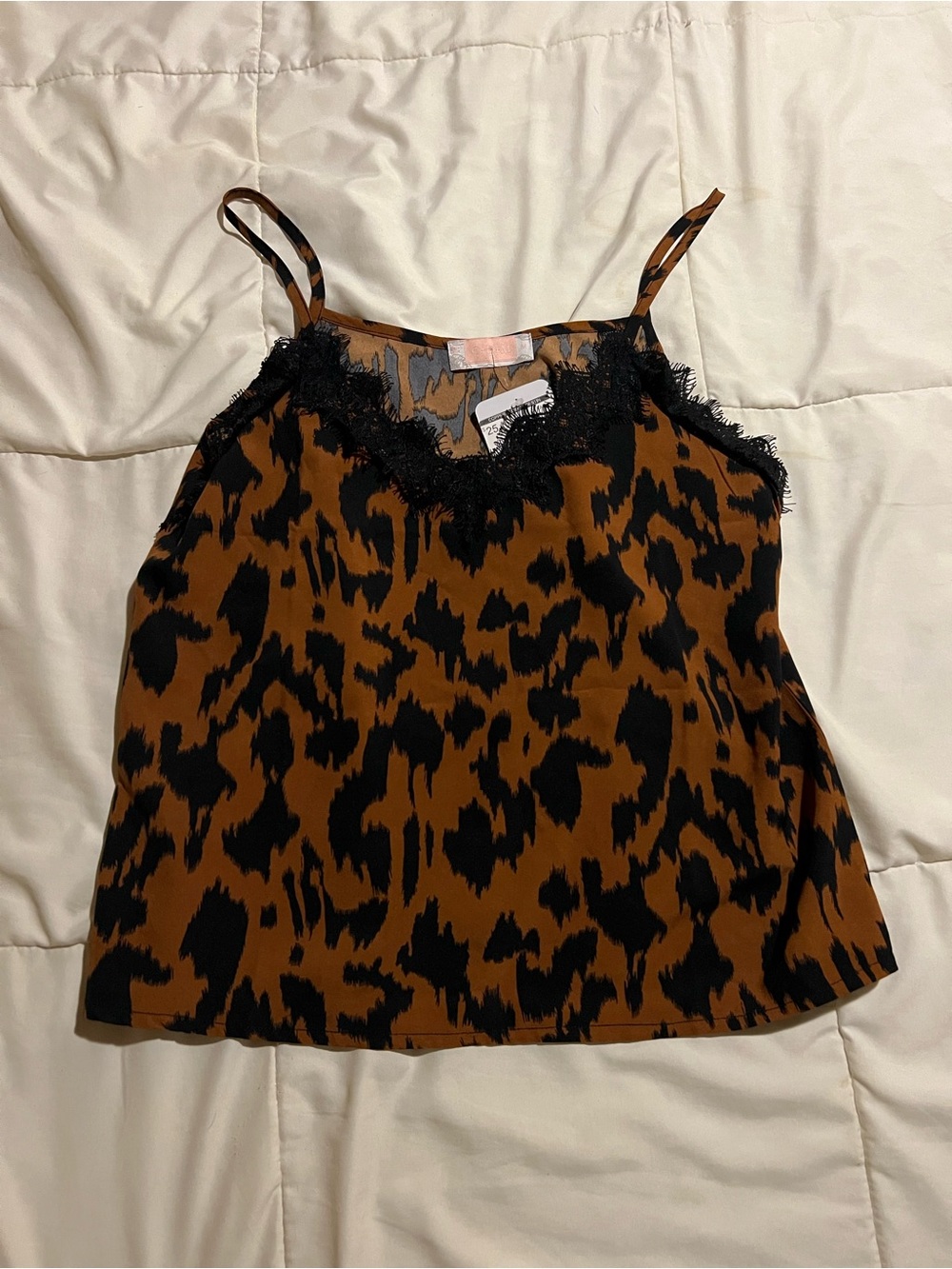 Leopard Print Lace-Trim Cami Top - Brown/Black